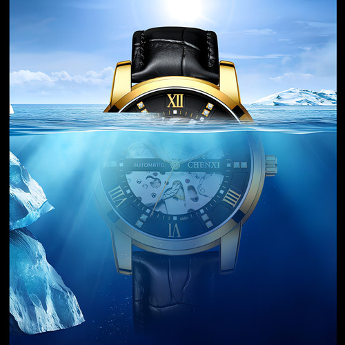 Reloj mecánico de cuero impermeable Chenxi para hombre, color de fondo dorado