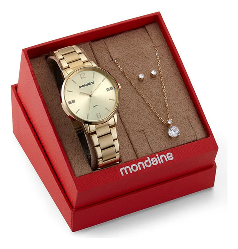 Kit Relógio Feminino Dourado Com Semijoias 32600lpmkde1k1