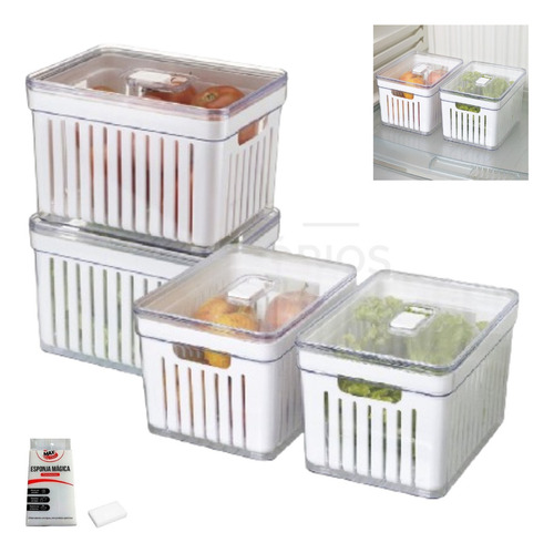 Kit 4 Organizador Geladeira 3,8  Litros Com Cesto Frutas Ver