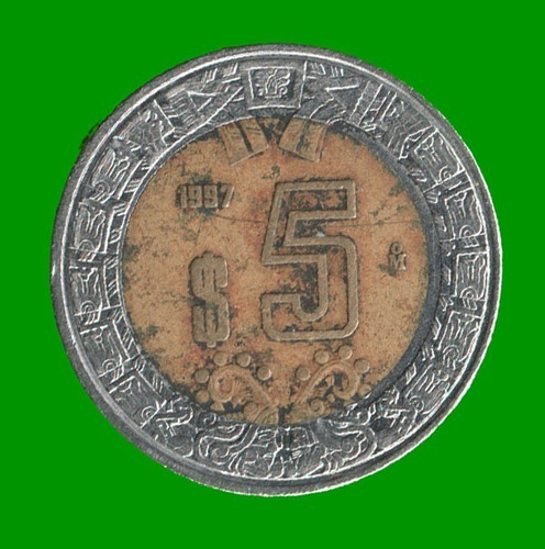 Moneda Mexico $5 Pesos, Bimetalica, Año 1997, Estado Usada.- (Usado)