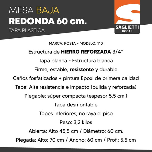 Imagen 3 de 10 de Mesa Ratona Baja Redonda 60 Cm Plegable Jardin Playa Camping