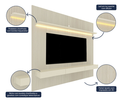 Home Para Tv Ripado 3d Com Led Requinte 220 Off - Gelius Cor Off white