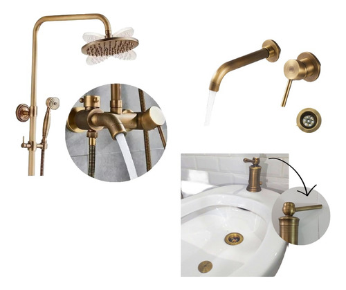 Set Baño Bronce Monocomando Antiguo Ducha + Bacha + Bidet 