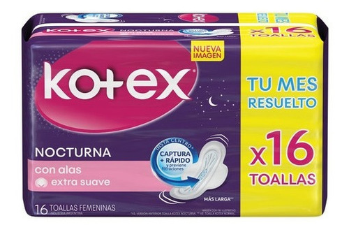 Kotex Nocturna Toallas Femeninas Con Alas 16 Uds - Pack X3