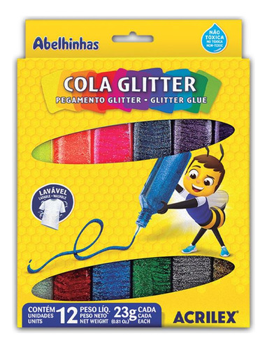 Cola Com Glitter Estojo Com 12 Cores 23g (s) Cor Colorido