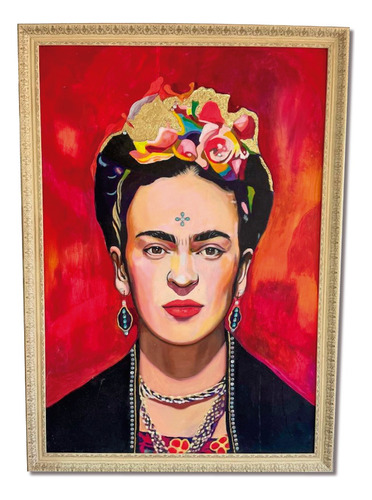 Pintura Al Óleo Frida Kahlo, Enmarcada, Detalles Pedrería