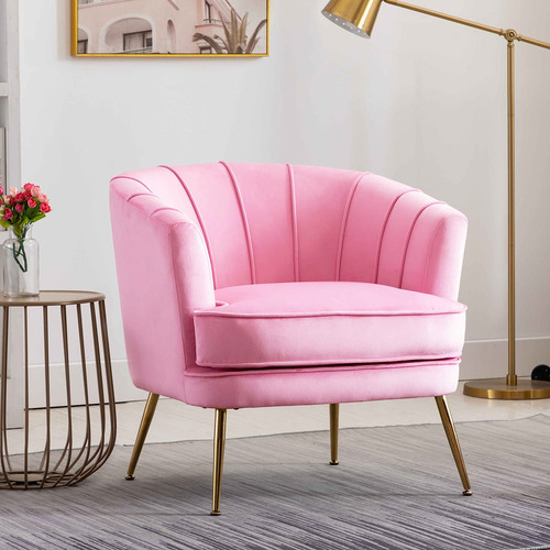 Silla Terciopelo Pata Dorada Para Sala Estar Dormitorio Rosa