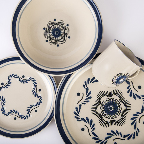 Vajilla De Porcelana Santa Anita De 16 Piezas Talavera Atlixco Color Blanco Y Azul