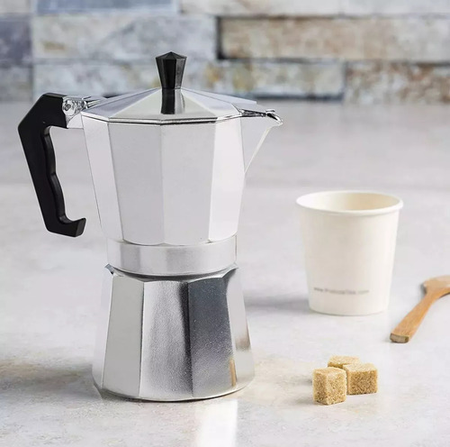 Set Cafetera Italiana Mtl Aluminio 14 Cm Sin Filtro Con Mango Ergonómico Para Estufa De Gas Y Eléctrica Con 6 Tazas De Vidrio Doble Pared 80ml Aislante Calor Para Café Espresso