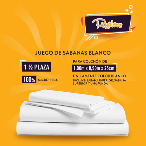 Imagen 4 de 9 de Juego De Sábanas 1 ½ Plaza Microfibra Hotelero Color Blanco