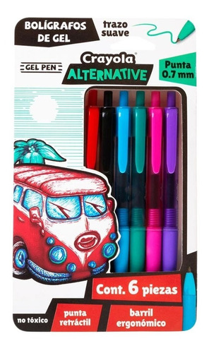 6 Boligrafos Gel Alternative Retractil Punto 0.7mm Crayola