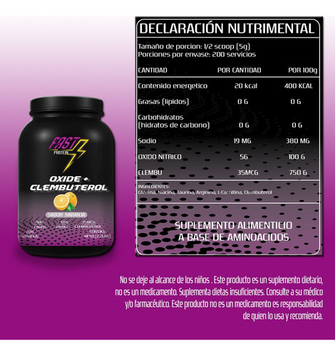 Óxido Nítrico + Clembuterol Fast Suplement 1kg 200 Serv Naranja
