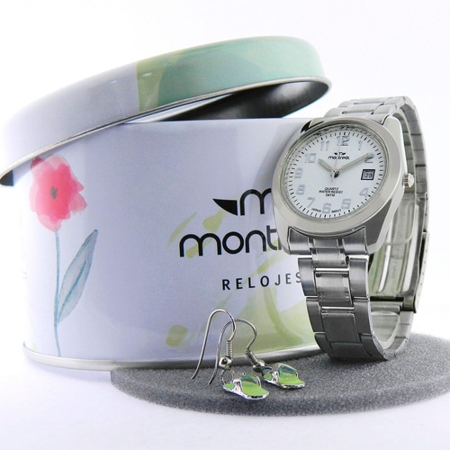 Combo Reloj Montreal Fecha Malla Acero +aros +estuche Ml1552