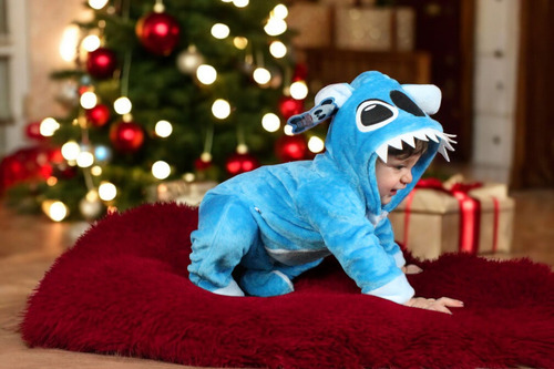Mameluco Ropa Bebé Pijama Disfraz Stitch Gorro Bordado Celeste 1 Año