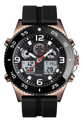 Reloj De Hombre Análogo/digital Steiner Bisel Giratorio Correa Negro Bisel Oro rosa Fondo Negro