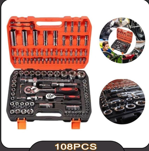 Kit Soquete Cromo 108 Peças Catraca Reversível Cr-v Maleta Preto E Laranja