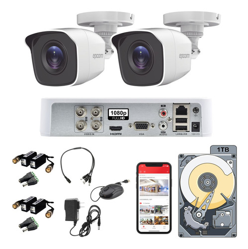 Kit Video Vigilancia Epcom 2 Cámaras 1080p Baluns 1tb