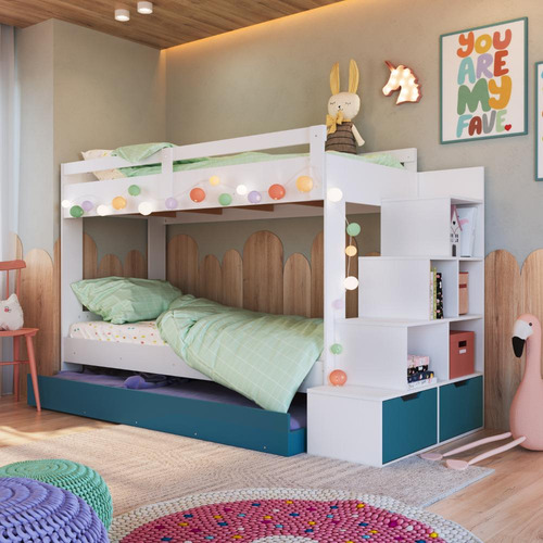 Cama Treliche Com Colchão Infantil Branco Azul Completa