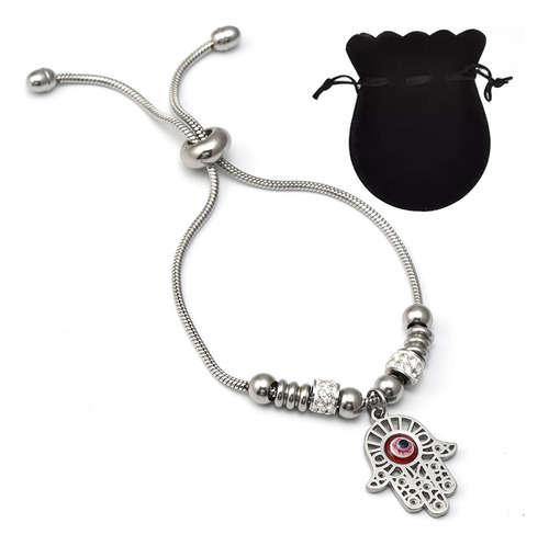 Pulsera Con Dije Mano De Fátima Ajustable Acero Inoxidable Plata/rojo 6 Cm 25 Cm