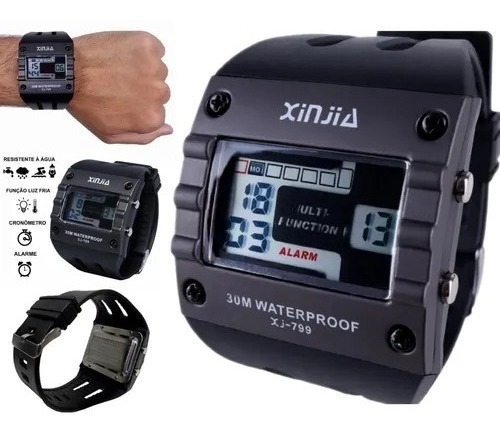 Relógio Masculino Esportivo Digital Xinjia Quadrado Xj-799 Cor da correia Preto Cor do bisel Chumbo XJ-799 Cor do fundo CZ