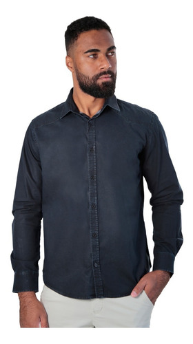 Imagem 1 de 5 de Camisa Jeans Masculina Manga Longa Slim Fit Black Estonada