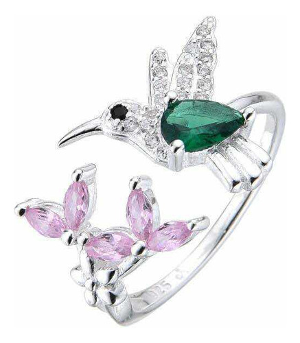 Anillo Ajustable Picaflor Colibri Flores Plata 925 Y Piedras