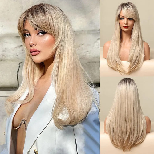 Peluca Larga Rubia Con Flequillo Pelucas Rectas Naturales-