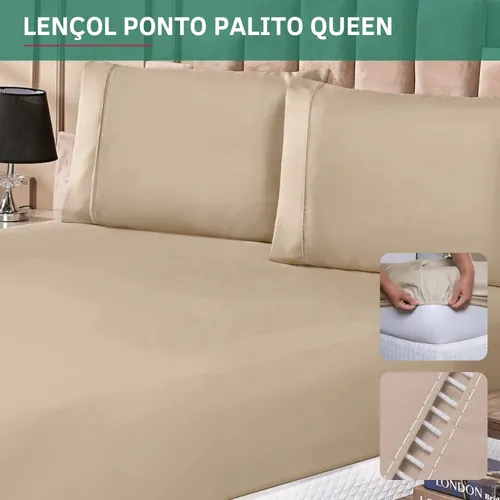 Kit Jogo De Lençol  Queen Padrão 3 Peças C/ Fronha Ponto Palito Premium Hotel Toque Acetinado Resistente Cor Caqui Liso