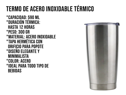 Vaso Termo Acero20oz Inoxidable Incluye Popotes Térmico590ml