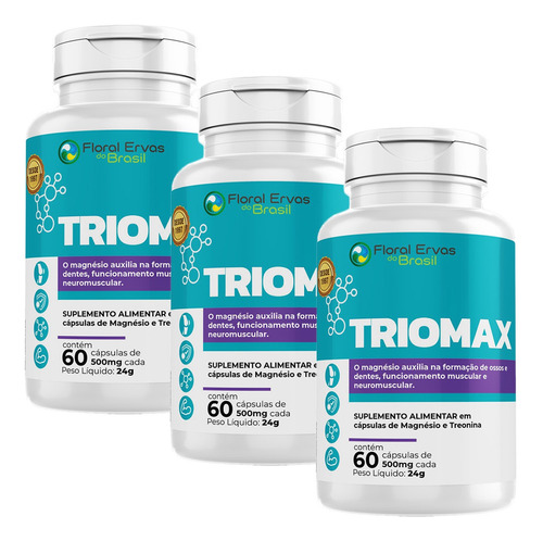 Kit Com 3x Triomax Magnésio Dimalato Treonato Floral Ervas