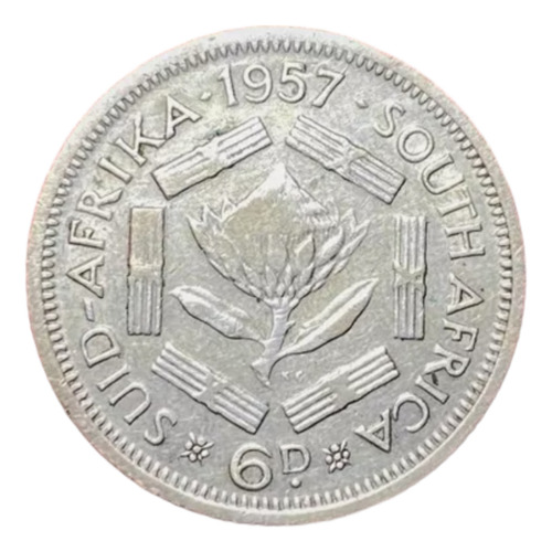 Moneda 6 Peniques Sudafrica 1957 Km 48 Plata 0.500 Elizabeth (Usado)