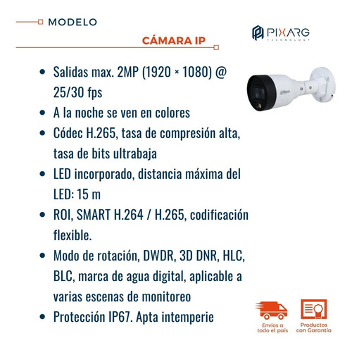 Cámara Ip Dahua 2mp Full Color Noche Luz Led H.265+ 2.8mm