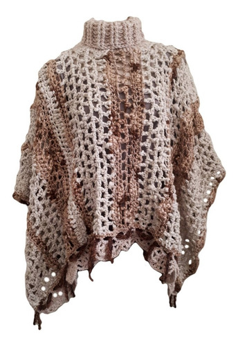 Poncho Tejido Crochet Artesanal Lana Cuello Alto Polera