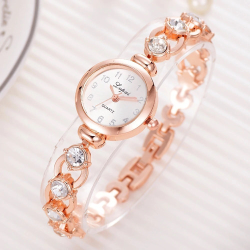 Relógio Dourado Feminino De Pulso Quartz Pulseira Com Pedras