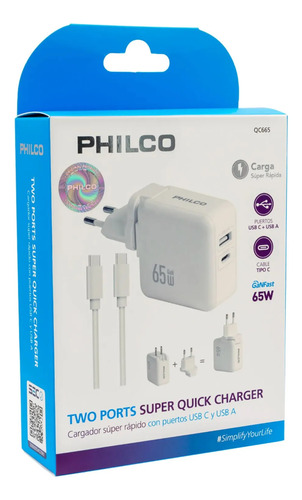 Cargador Philco Turbo 65w Usb-c  Notebook Smartphone