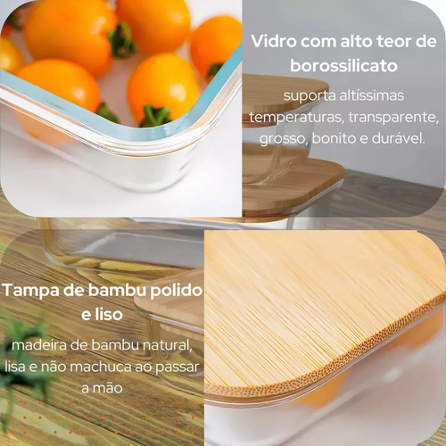 Pote Hermético De Vidro Marmita Marmitex Comida Almoço Janta Frutas Com Tampa De Bambu - 600ml Snel Home