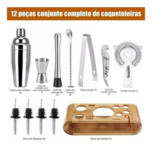 Kit Bartender Abridor Garrafa Manual Mixagem Inox Completo Cinza