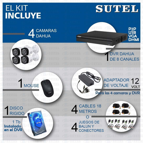 Kit Dahua 4 Camaras Hd Seguridad Dvr 8 Canales Disco 1tb