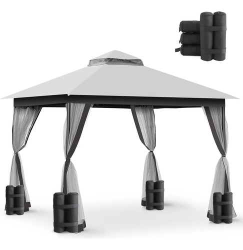 Gazebo 10x10 Gris Con Toldo Impermeable Y Sacos De Arena