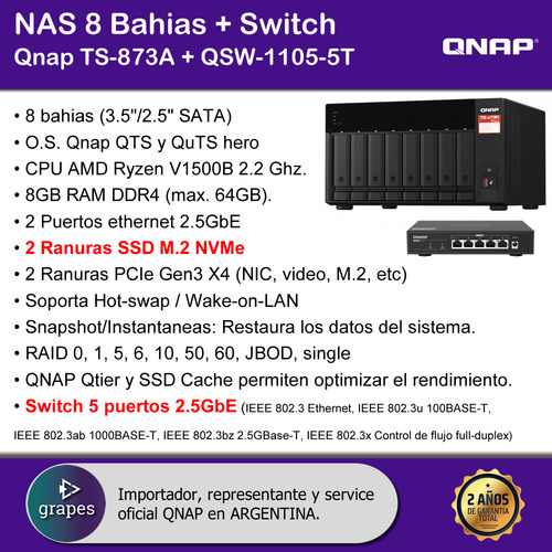 Nas Storage 8 Bahias Qnap Ts873a 8gb Ryzen +switch 5p 2.5g