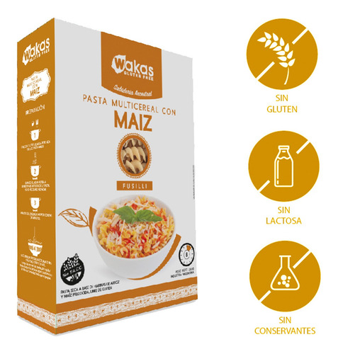 Imagen 2 de 9 de Pasta Fusilli Multicereal Con Maiz Wakas Fideos Proteicos