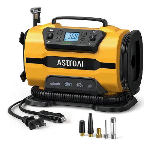 Bomba Compressora De Ar Portátil Astroai Para Calibrar Pneus 150 Psi 12 V Cc/110 V Ca Com Motores Duplos De Metal E Luz Led, Acessórios Automotivos E Dois Modos Para Carros Amarelo 12v Bifásica