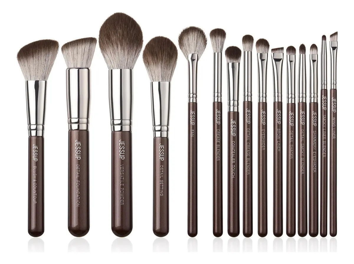 Kit Pincéis de Maquiagem Profissional Jessup com 15 Peças, Marrom-Escuro