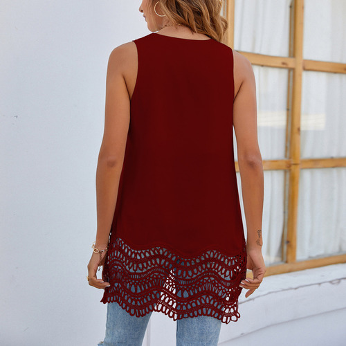 Camisetas Sin Mangas De Encaje Liso Casual Con Cuello En V D