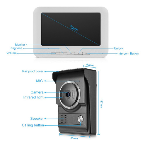 7 Pulgadas Video Puerta Teléfono Timbre Intercomunicador Kit