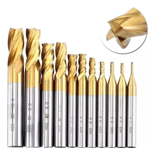 Kit Juego Mecha Fresa Metal Duro 4 Filos End Mill X10 Pcs.