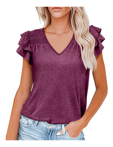 Blusa De Manga Corta A La Moda Con Cuello En V De Verano