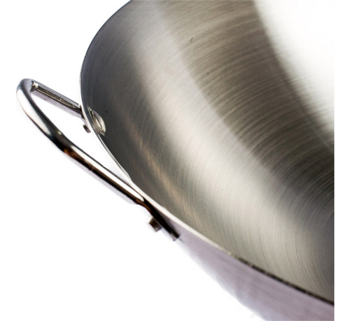 Panela Wok Aço Inoxidável Prata Com Cabo Longo Alça - 38cm