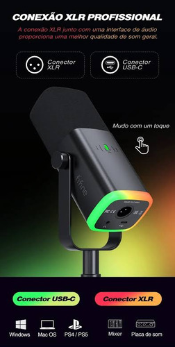 Microfone Fifine Am8 Cor Preto Gamer Com Rgb Led