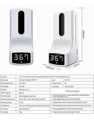 Imagen 6 de 10 de Dispensador De Gel Automático K9 Con Termómetro